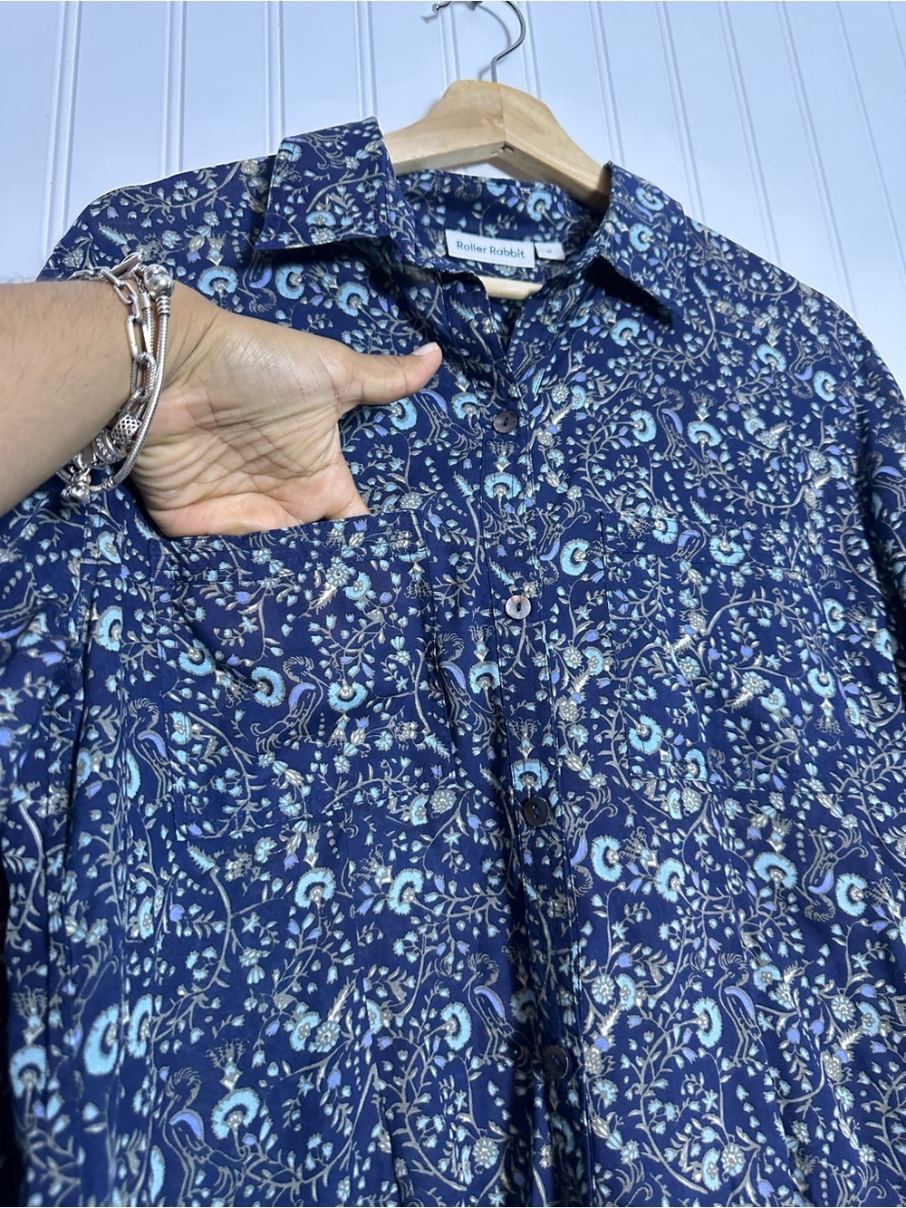 Roller Rabbit blue floral dress long sleeves button-down front M Relax Fit - Picture 11 of 12